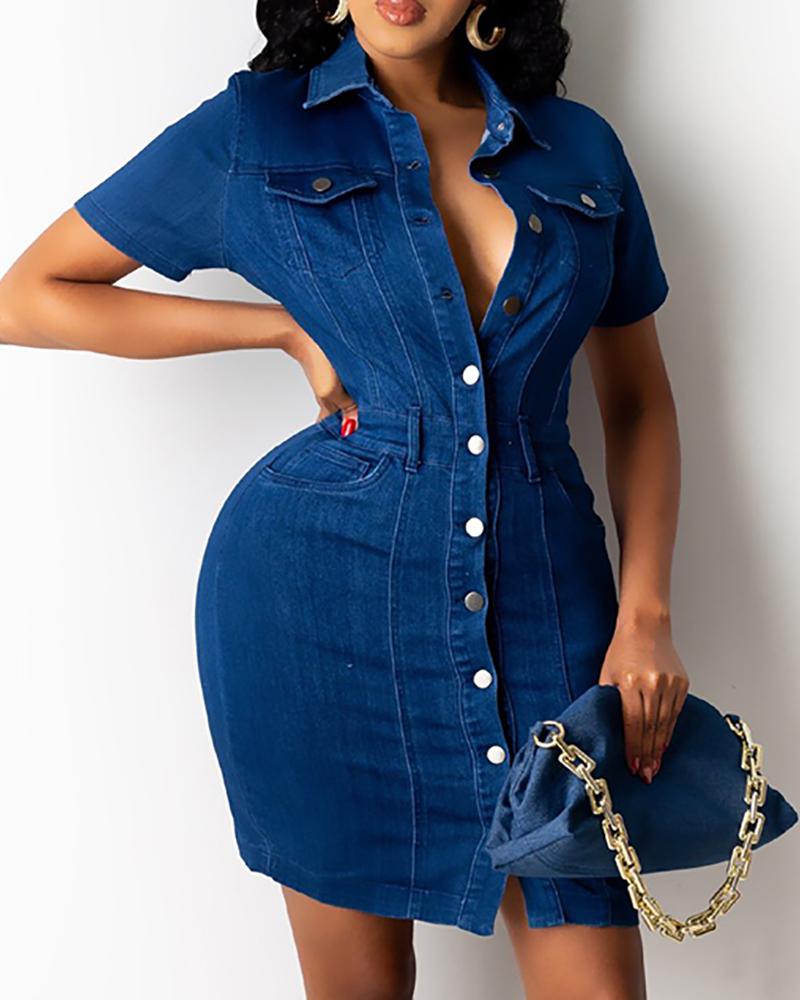 

Buttoned Pocket Design Denim Bodycon Dress, Dark blue