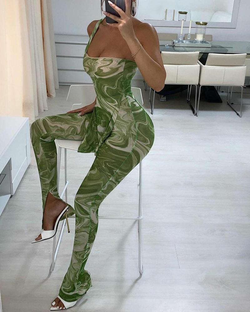 

Marble Print One Shoulder Split Hem Top & Skinny Pants Set, Green
