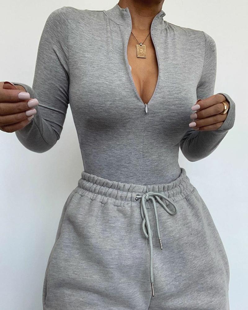 

Plain Long Sleeve Skinny Sexy Bodysuit, Gray
