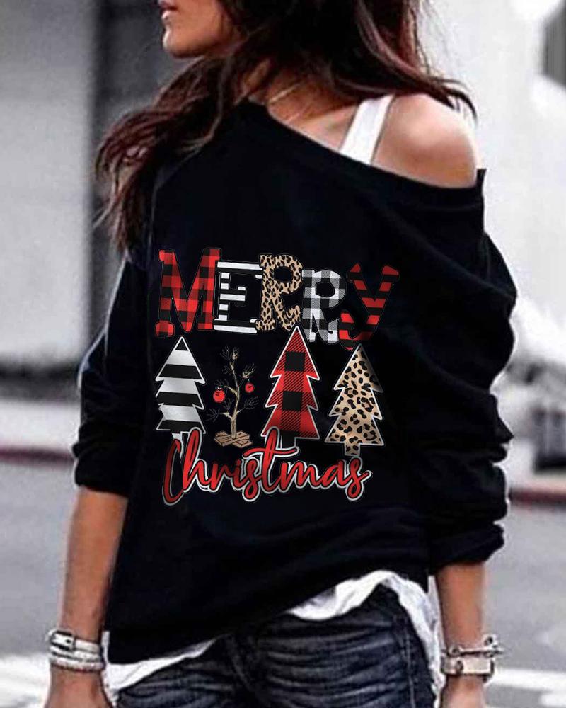 

Merry Christmas Print Long Sleeve Sweatshirt One Shoulder Christmas Casual Top, Black