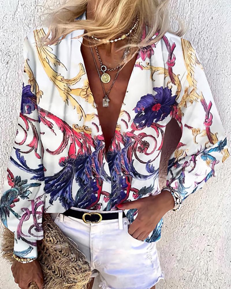 

Floral Print Lantern Sleeve Plunge Top, White