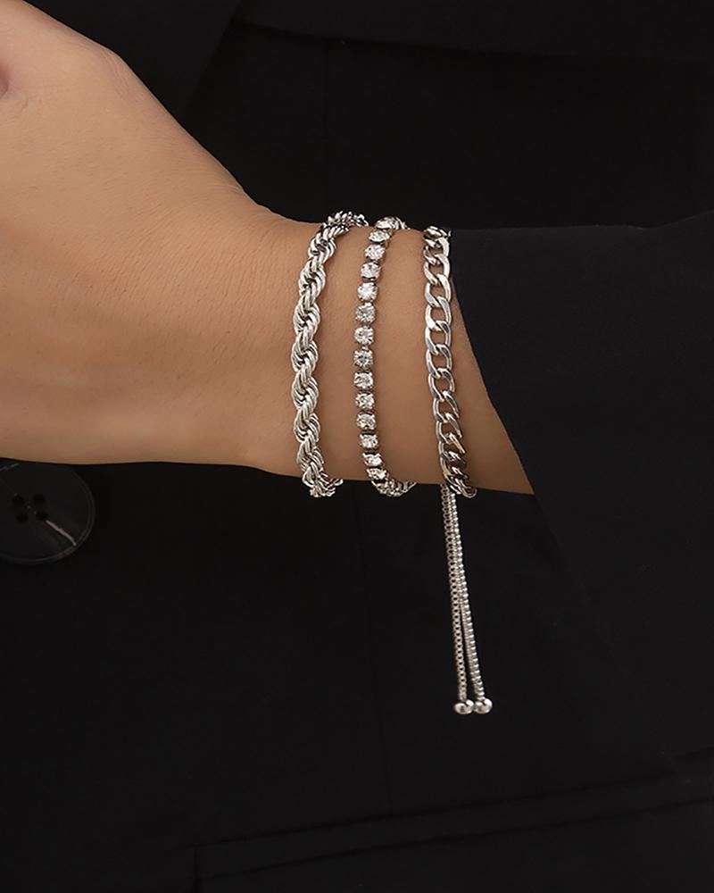 

3pcs Chain Rhinestone Decor Bracelet, Silver