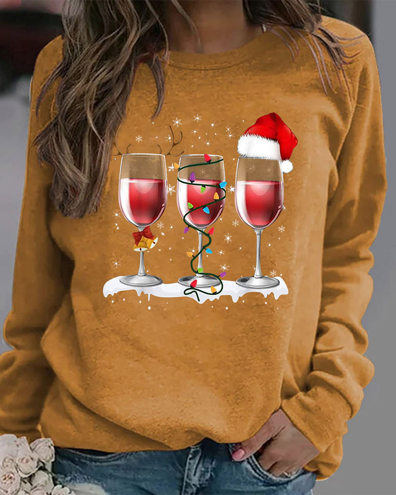 

Christmas Hat Wine Glass Print Long Sleeve Top, Khaki