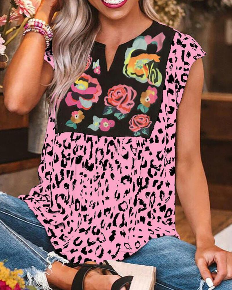 

Cheetah Floral Print Short Sleeve T-Shirt, Pink