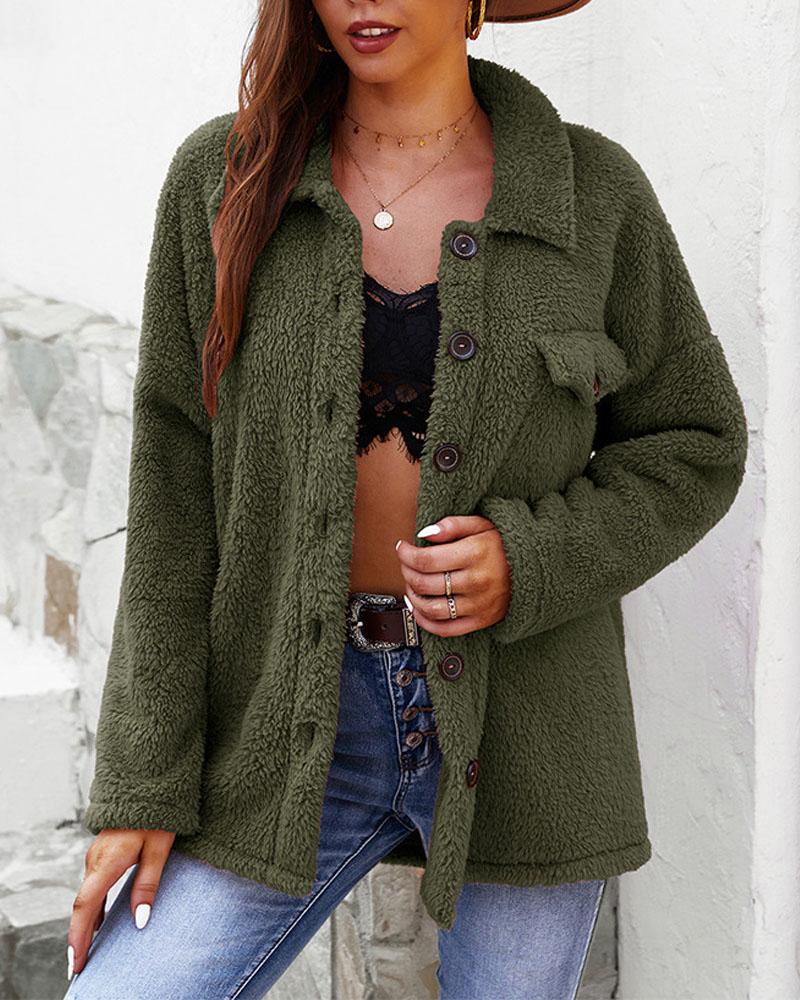 

Long Sleeve Flap Detail Button Front Teddy Coat, Green