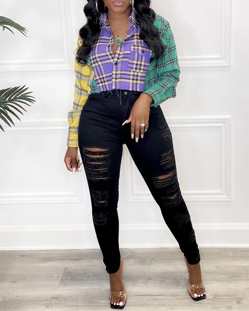 

Plaid Print Colorblock Buttoned Pocket Design Top, Purple