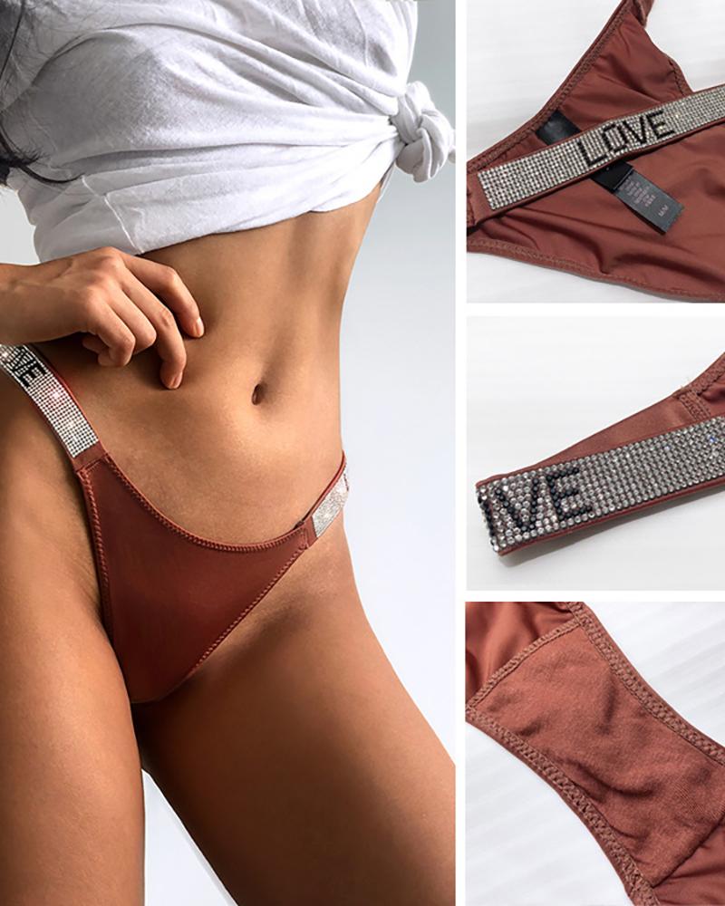 

3PCS/Set Letter Pattern Rhinestone Thong Panty, Brown