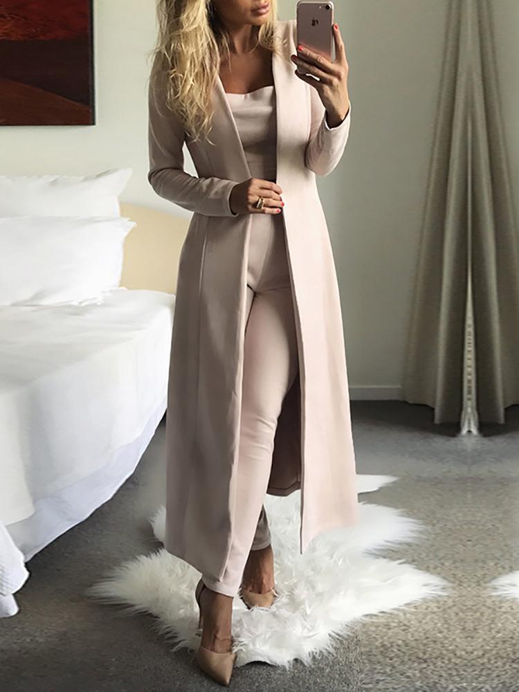 

3PCs Solid Cardigan Coat With Top and Pants, Beige