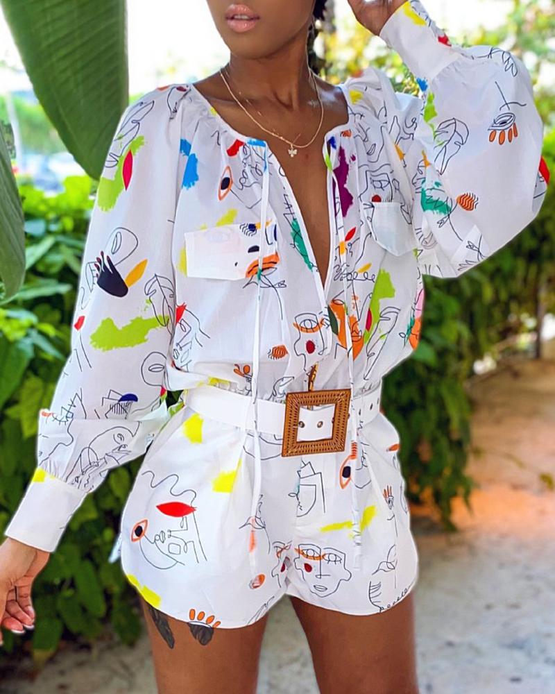 

Mixed Print Lantern Sleeve Tie Front Romper, White