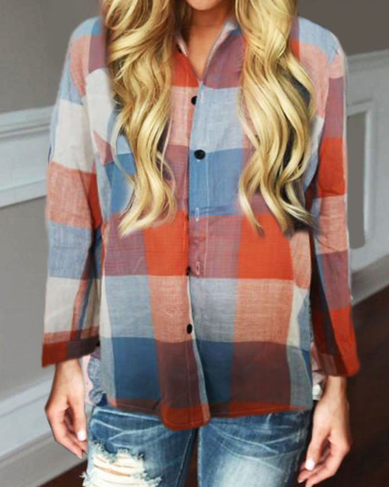 

Gingham Print Button Design Colorblock Shirt, Orange