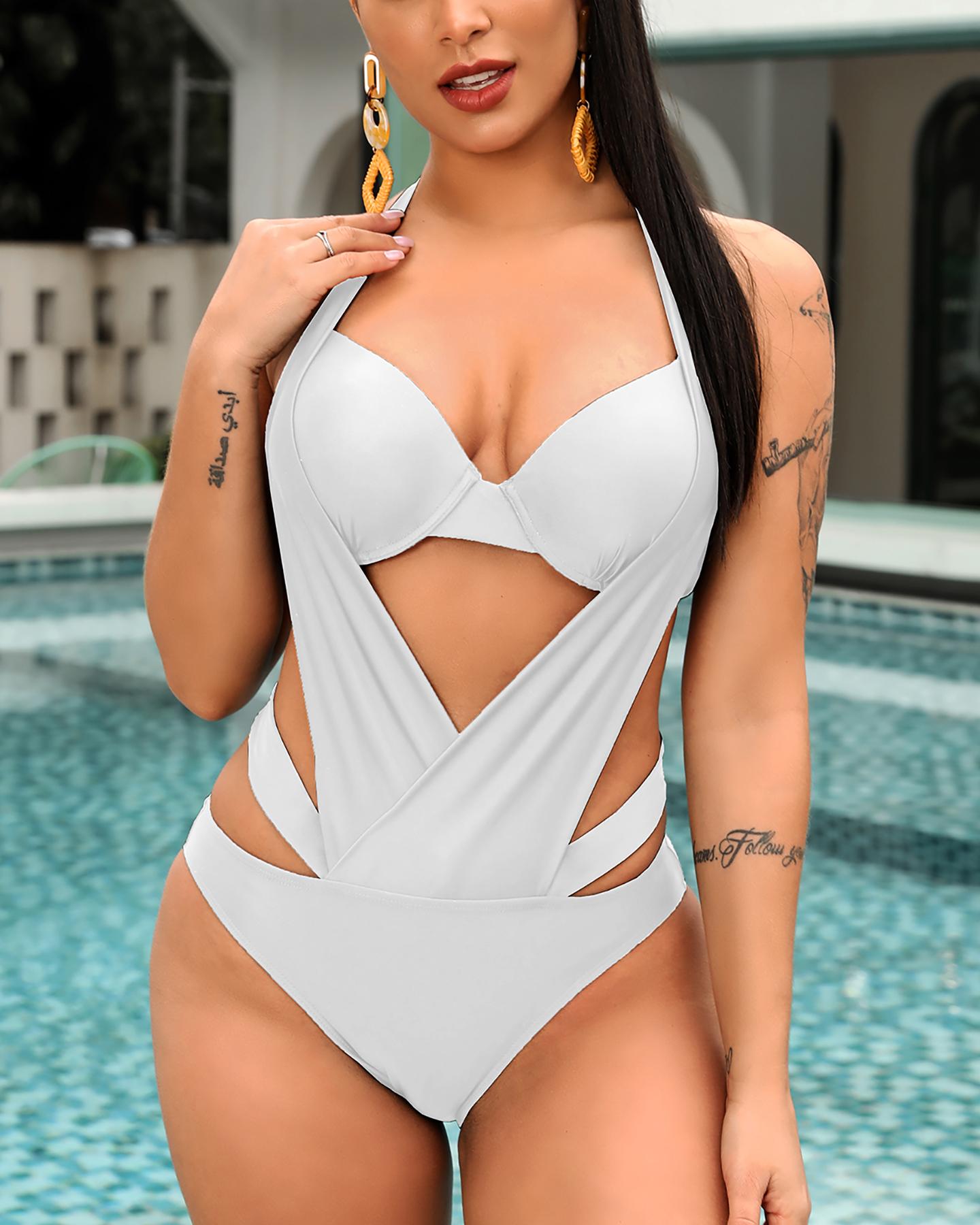 

Halter Cutout Backless One Piece Swimsuit, White