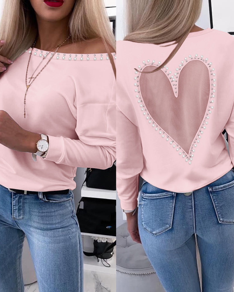 

Heart Pattern Sheer Mesh Round Neck Long Sleeve Beaded Sheer Mesh Tee Casual Top, Pink