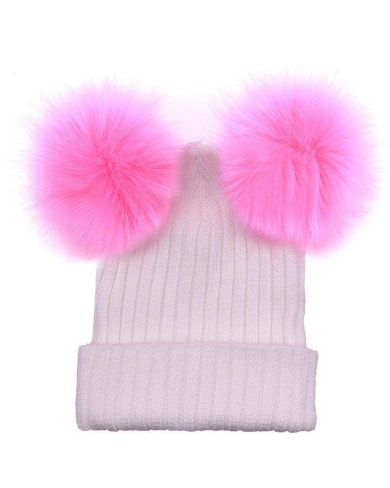 

Double Pom Pom Decor Knit Cuffed Beanie For Adult, Light pink