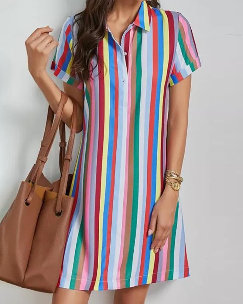 

Colorblock Striped Button Design Short Sleeve Shirt Dress, Multicolor