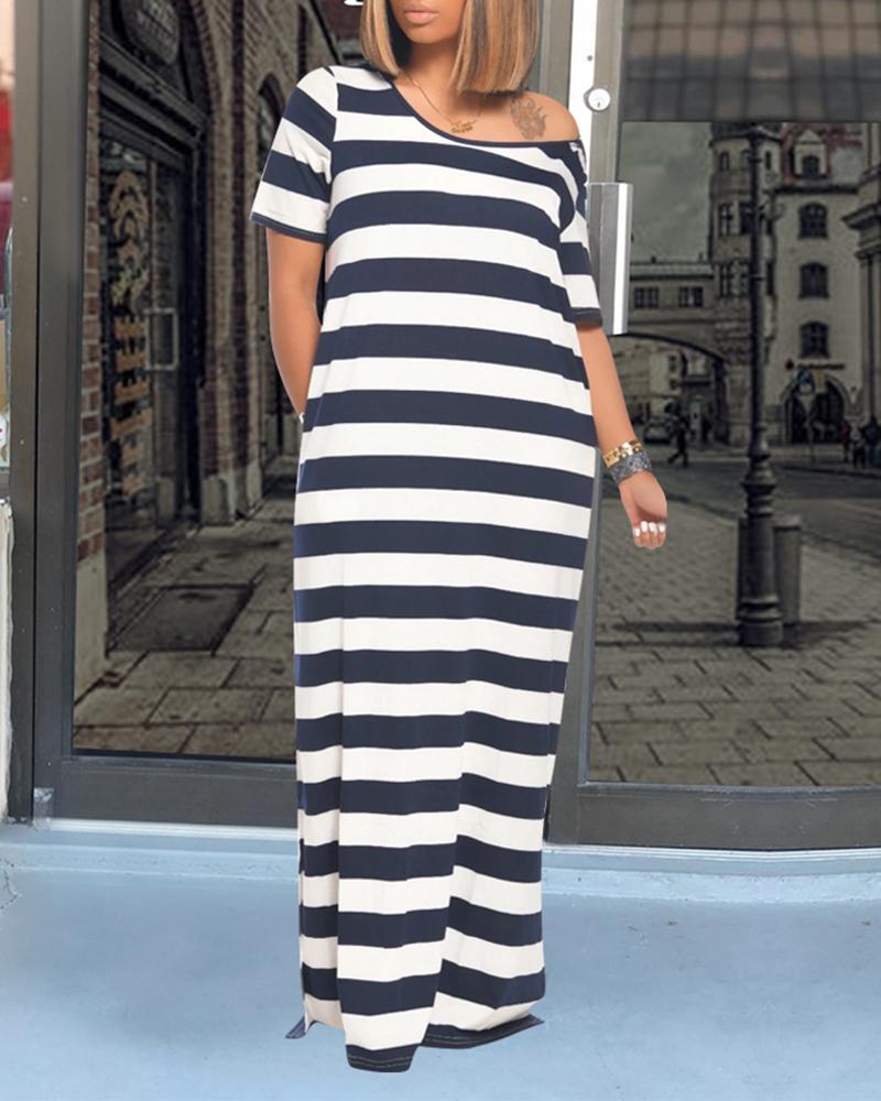 

Striped Colorblock Pocket Design Casual Women Dress, Dark blue