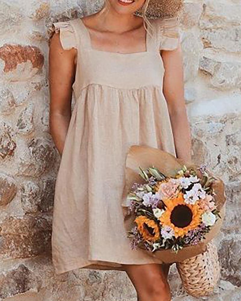 

Frill Hem Pocket Design Casual Women Dress, Khaki