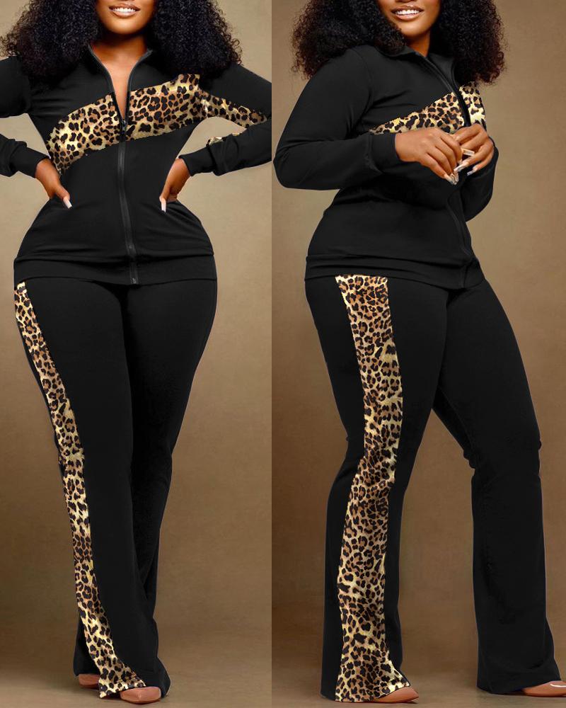 Ensemble haut et pantalon zippé léopard contrasté de grande taille