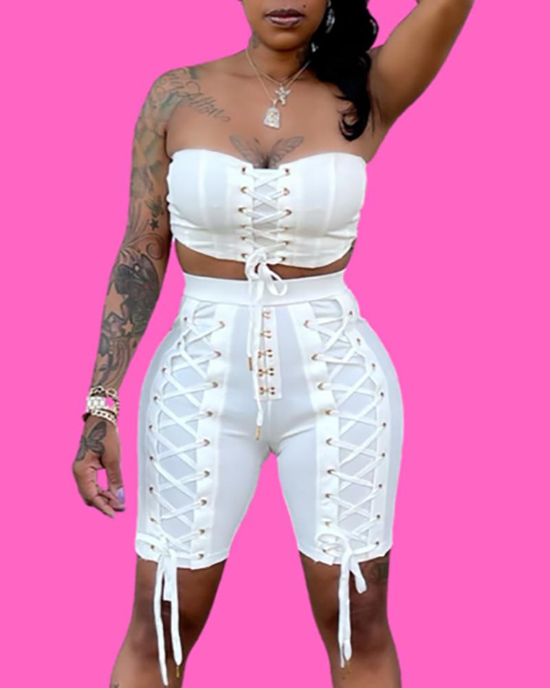 

Bandeau Lace-up Crop Top & Shorts Set, White