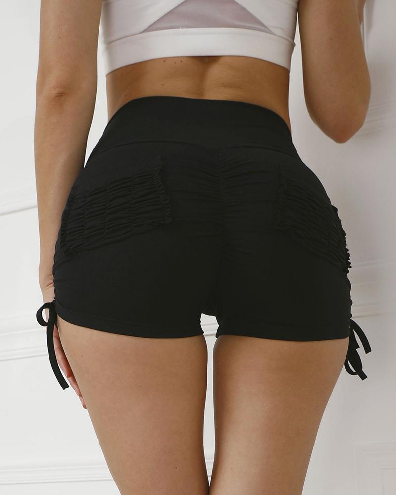

Ruched Drawstring Pocket Design Active Shorts, Black