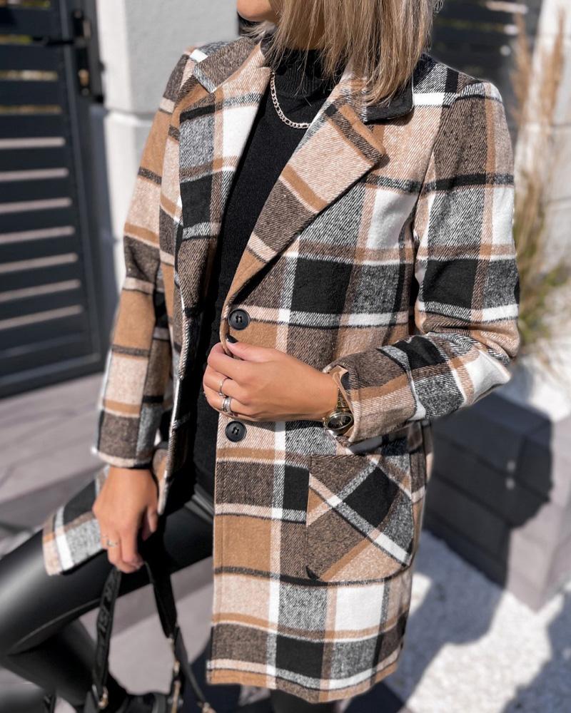 

Plaid Print Double Button Patch Pocket Blazer Coat, Khaki