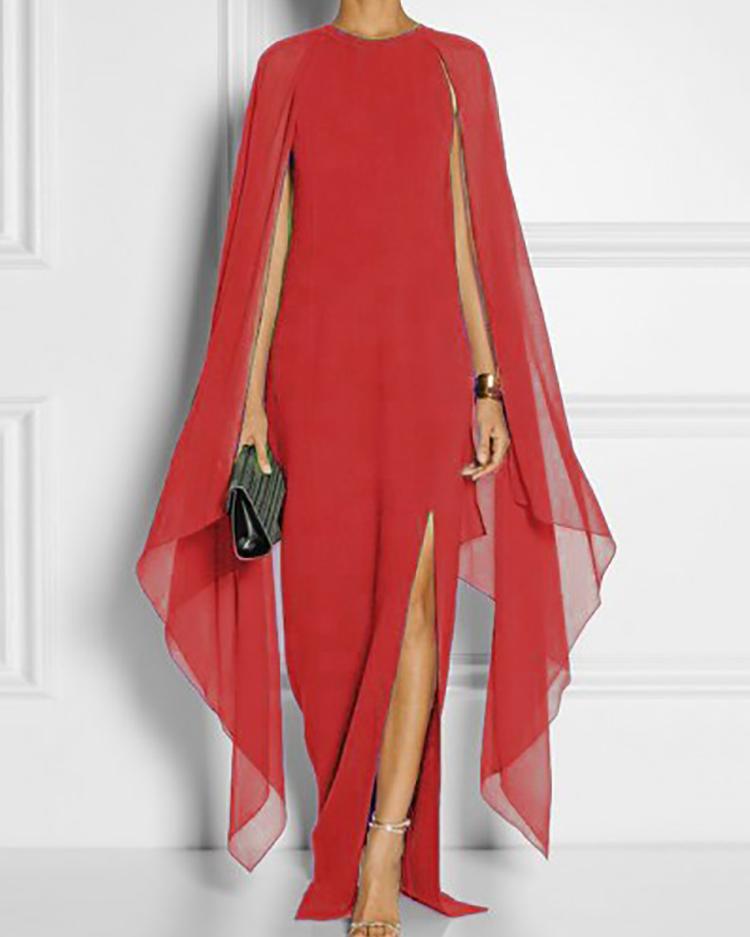 

Cape Split Frills Sleeve Side Slit Maxi Dress, Red