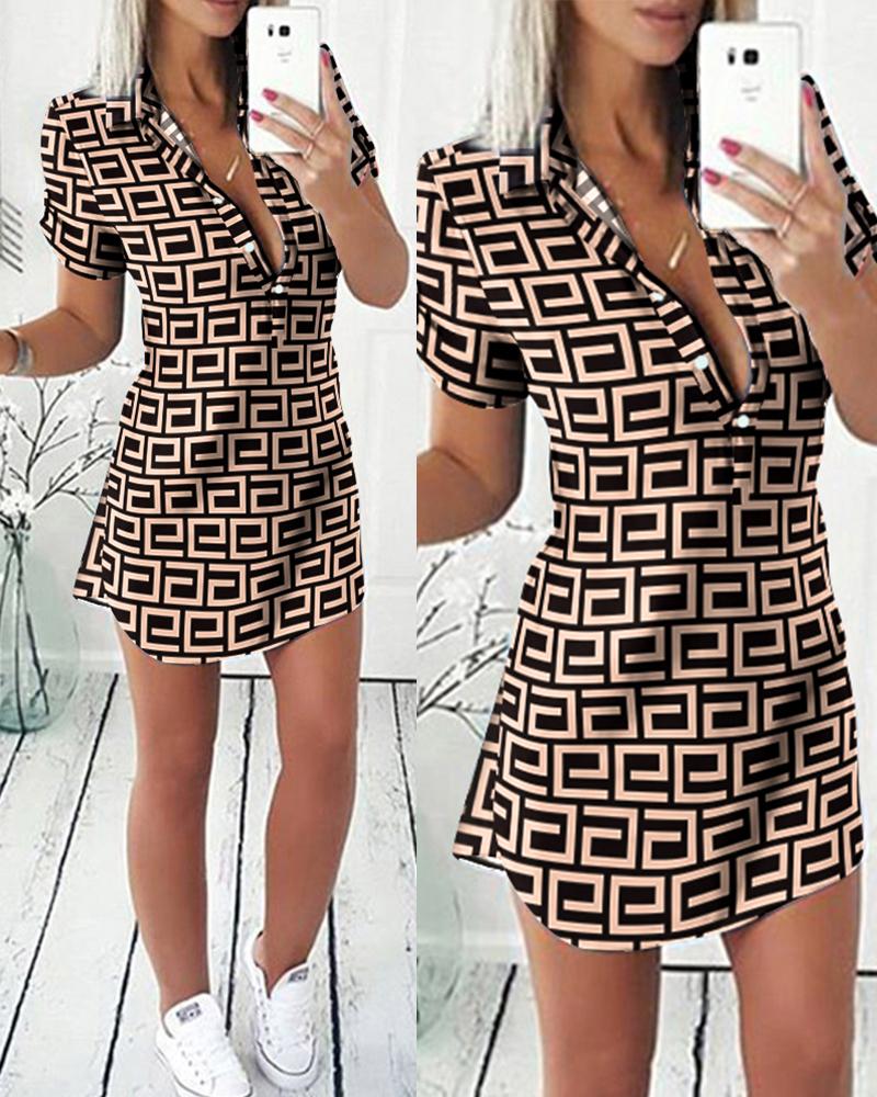 

Geometric Print Button Front Shirt Dress, Brown