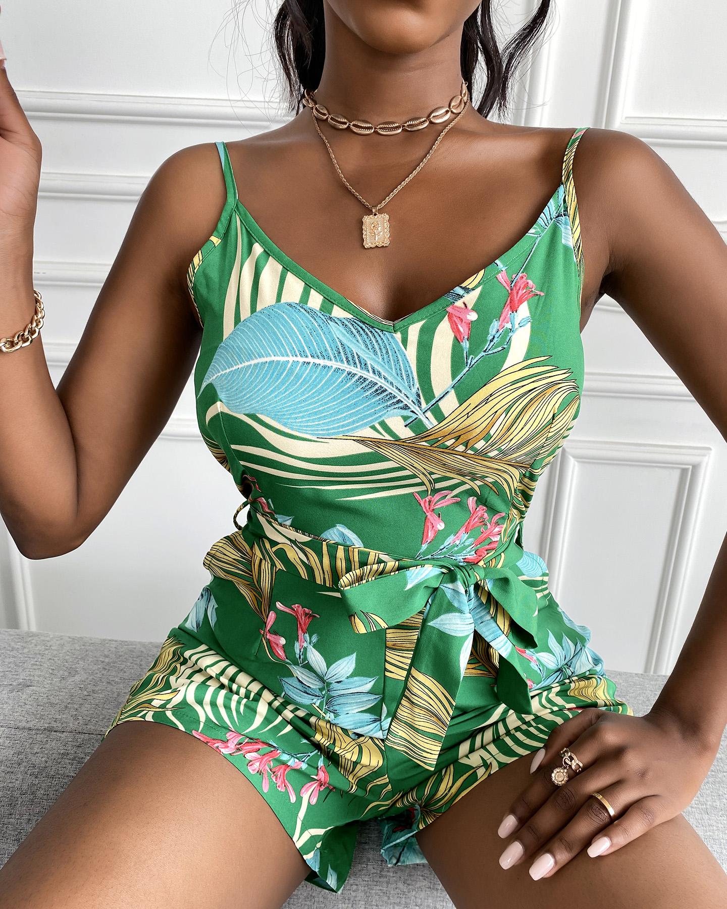 

Tied Detail Trpical Print Spaghetti Strap Romper, Green