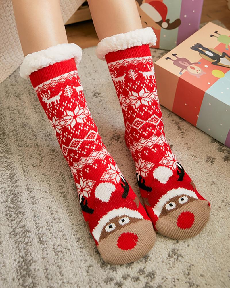 

1Pairs Christmas Pattern Fluffy Socks, Wine red