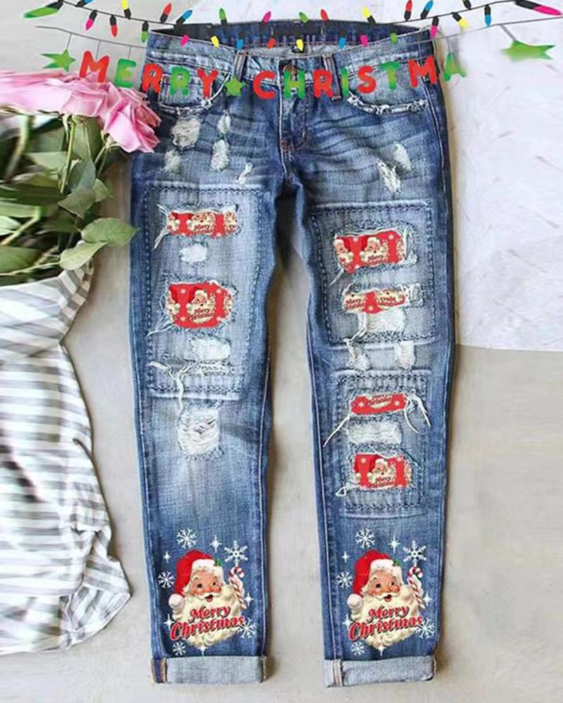 

Merry Christmas Santa Claus Snowflake Print Ripped Jeans, Blue