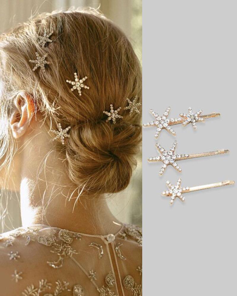 

3pcs Wedding Accessories Rhinestone Star Shaped Bridal Hair Clips, Gold