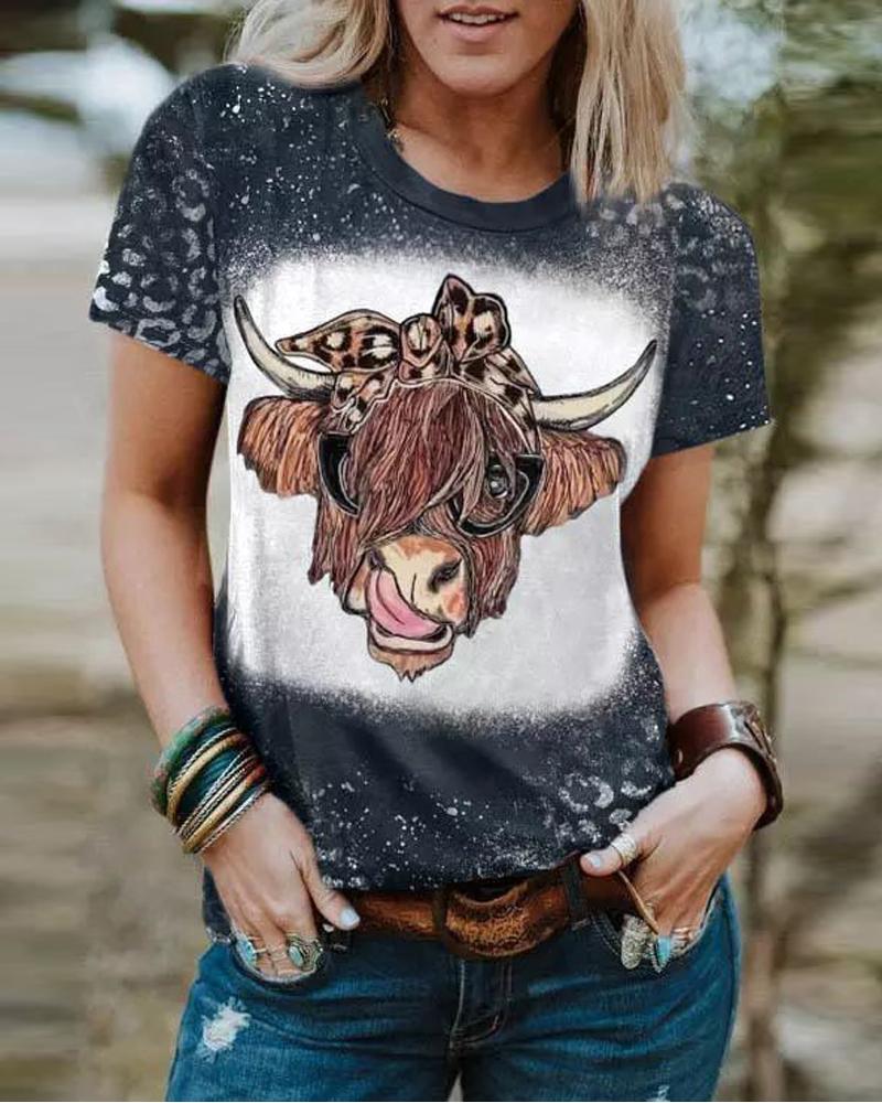 

Leopard Highland Cattle Print T-shirt, Black