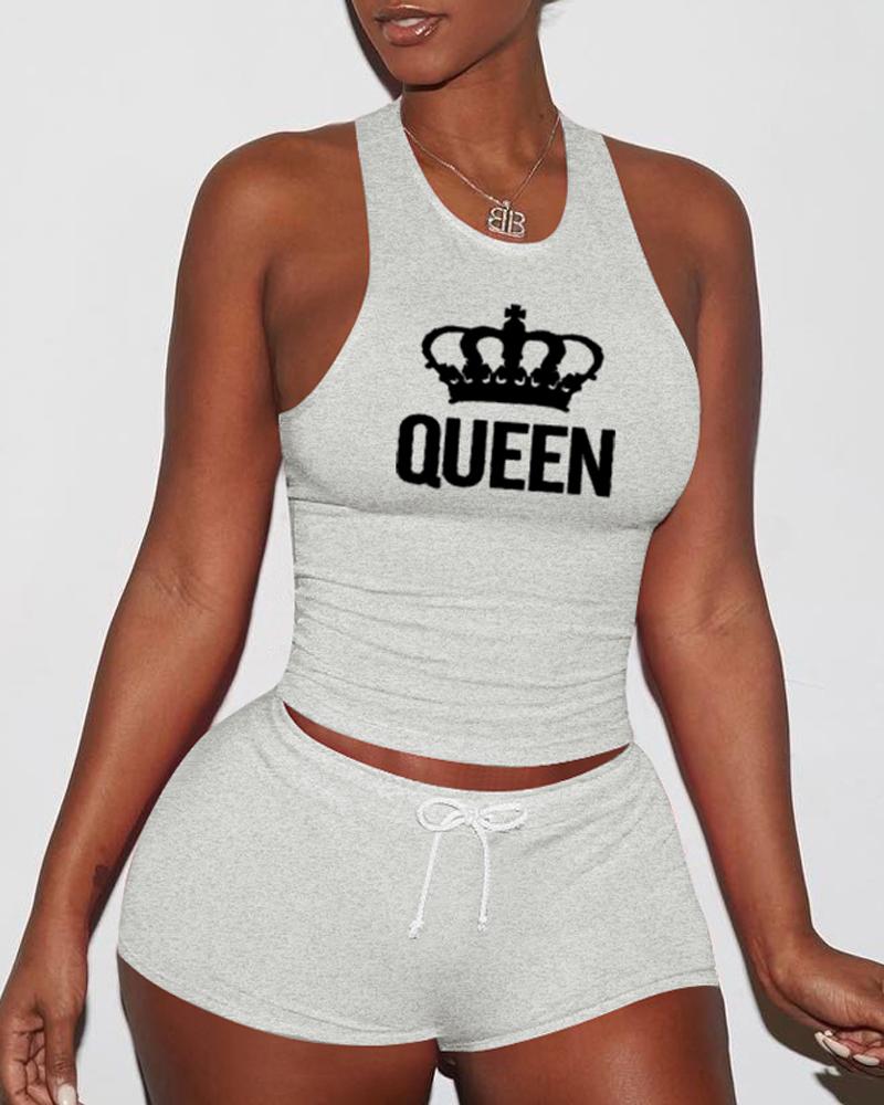 

Letter Crown Print Drawstring Active Set, White