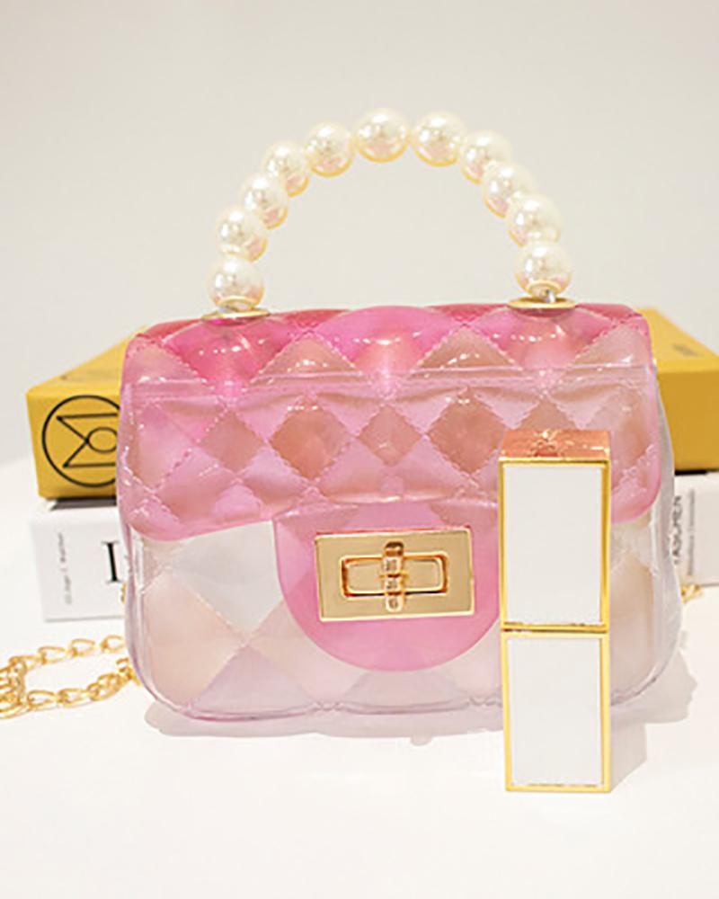 

Clear Colorblock Beaded Satchel Bag, Red