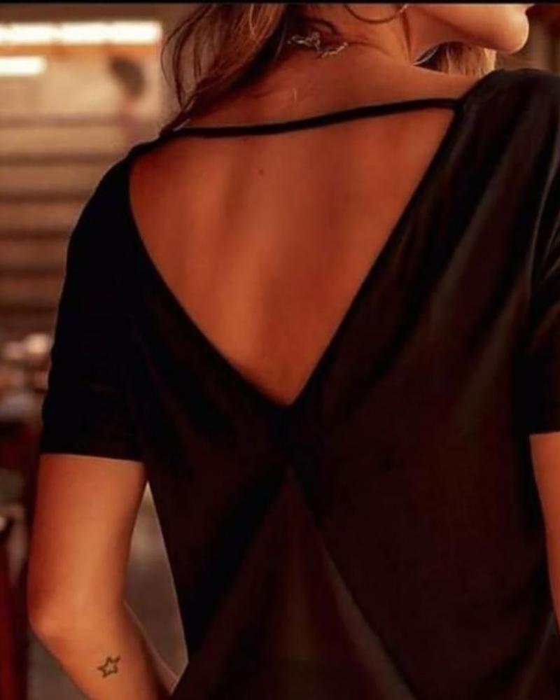 

Short Sleeve Sheer Mesh Cutout Back Top, Black