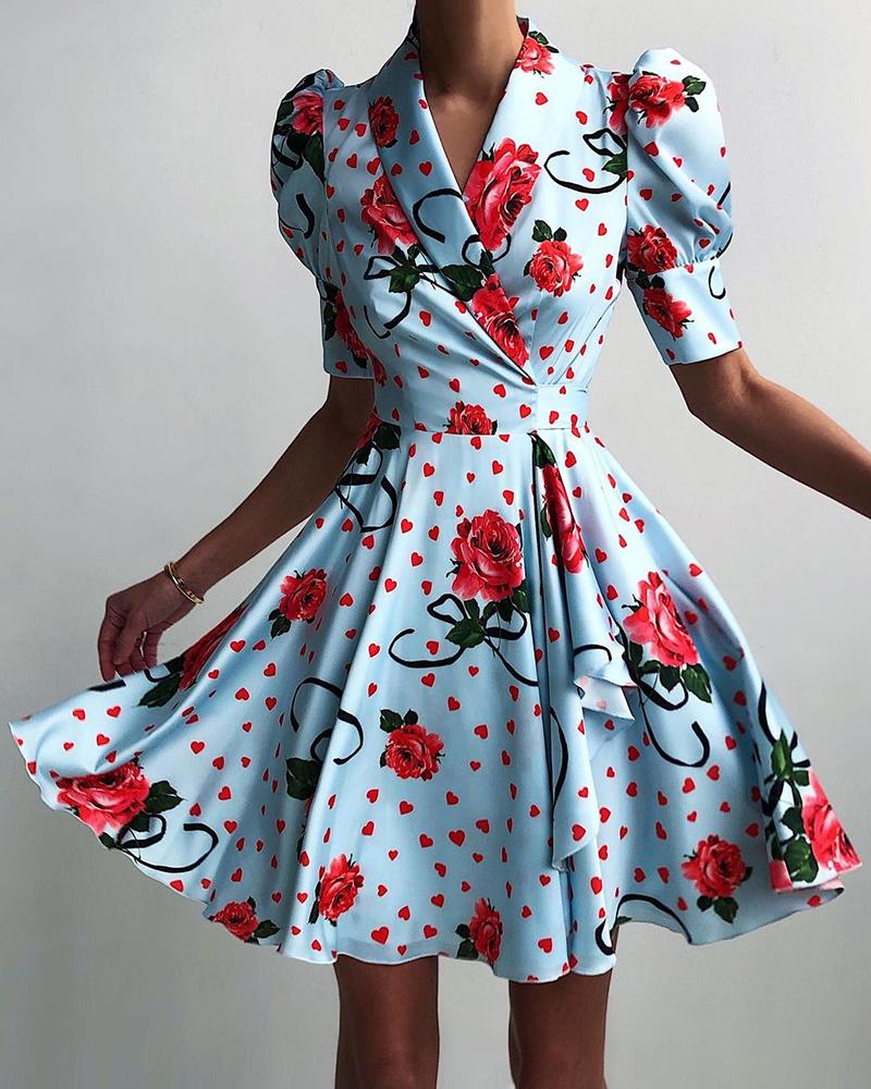 

Floral Puff Sleeve Mini Dress, Blue