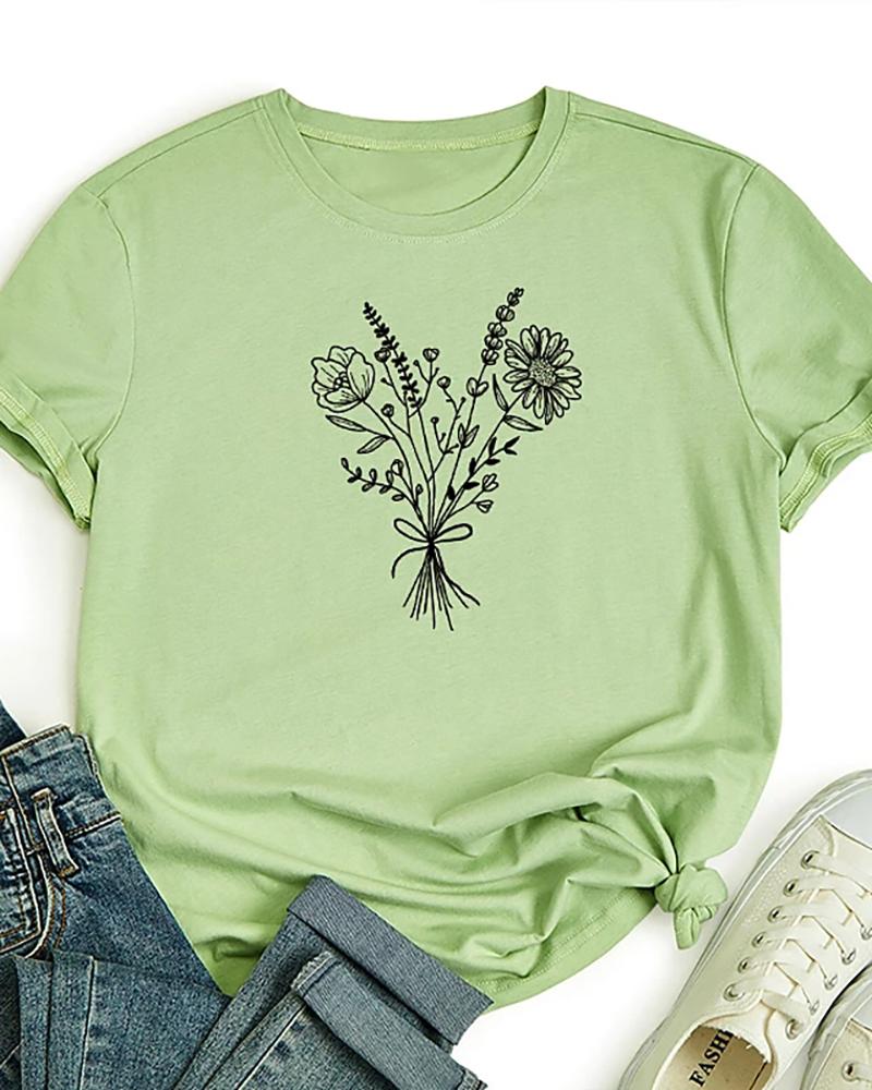 

Floral Print Round Neck Short Sleeve Basic Cotto Top, Green