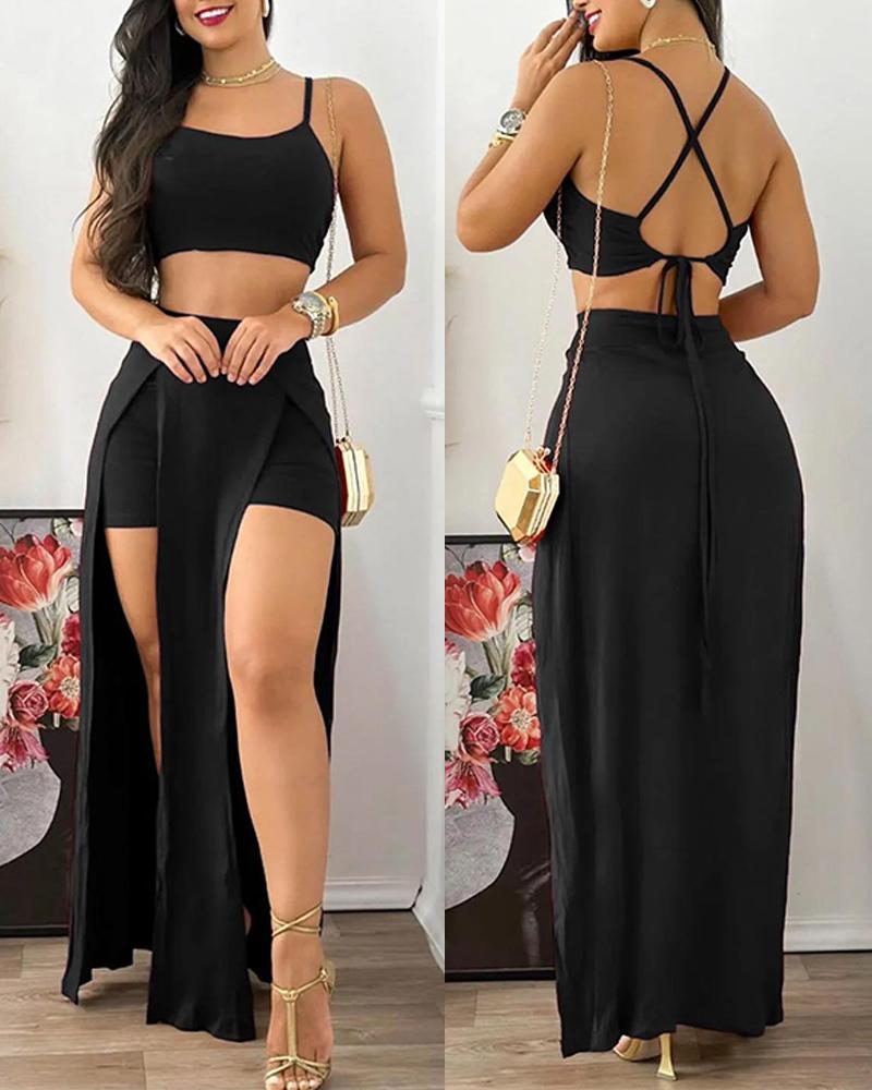 

Crisscross Backless Crop Top & Slit Skorts Set, Black