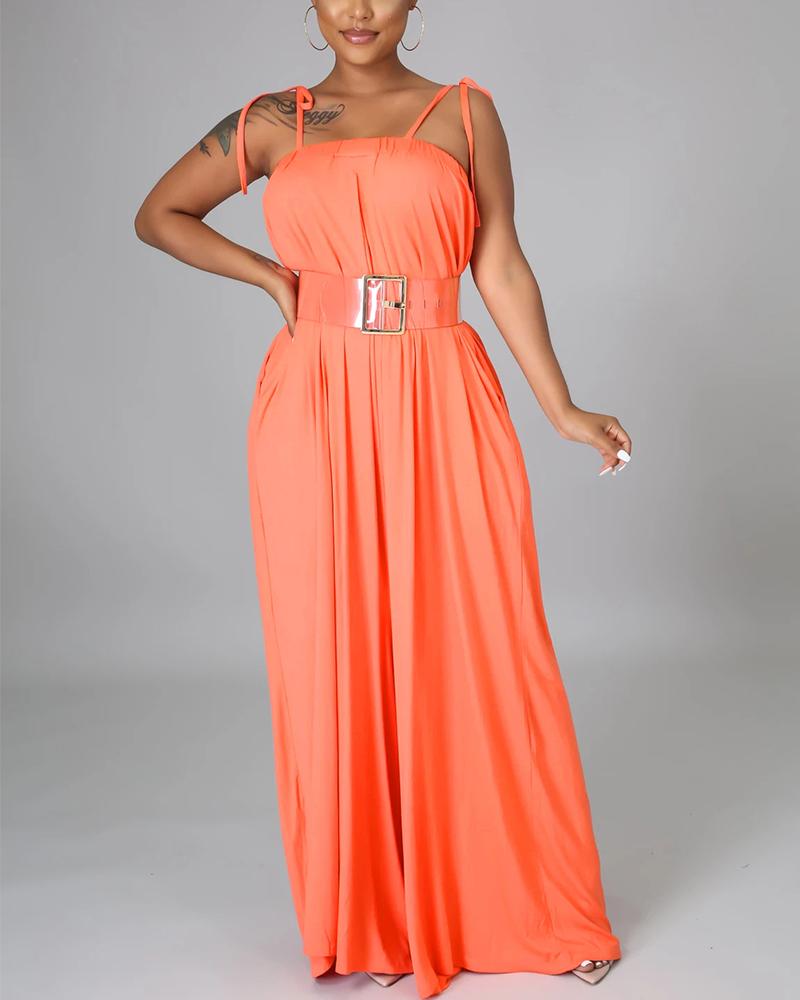 

Solid Color Sleeveless Pocket Self Tie Wide Leg Jumpsuit, Orange