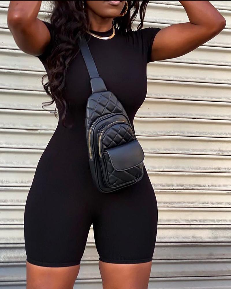 

O Neck Short Sleeve Skinny Romper, Black