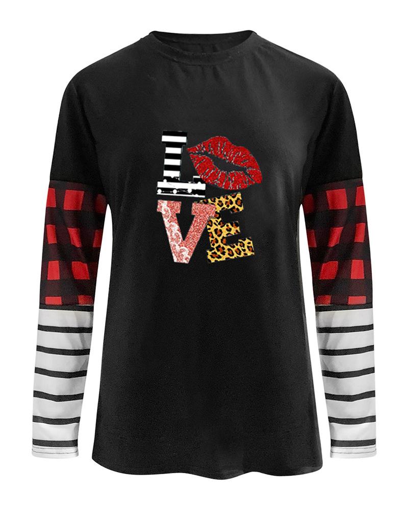 

Valentine' Day O-Neck Striped Plaid Heart Letter Print Top, Style5