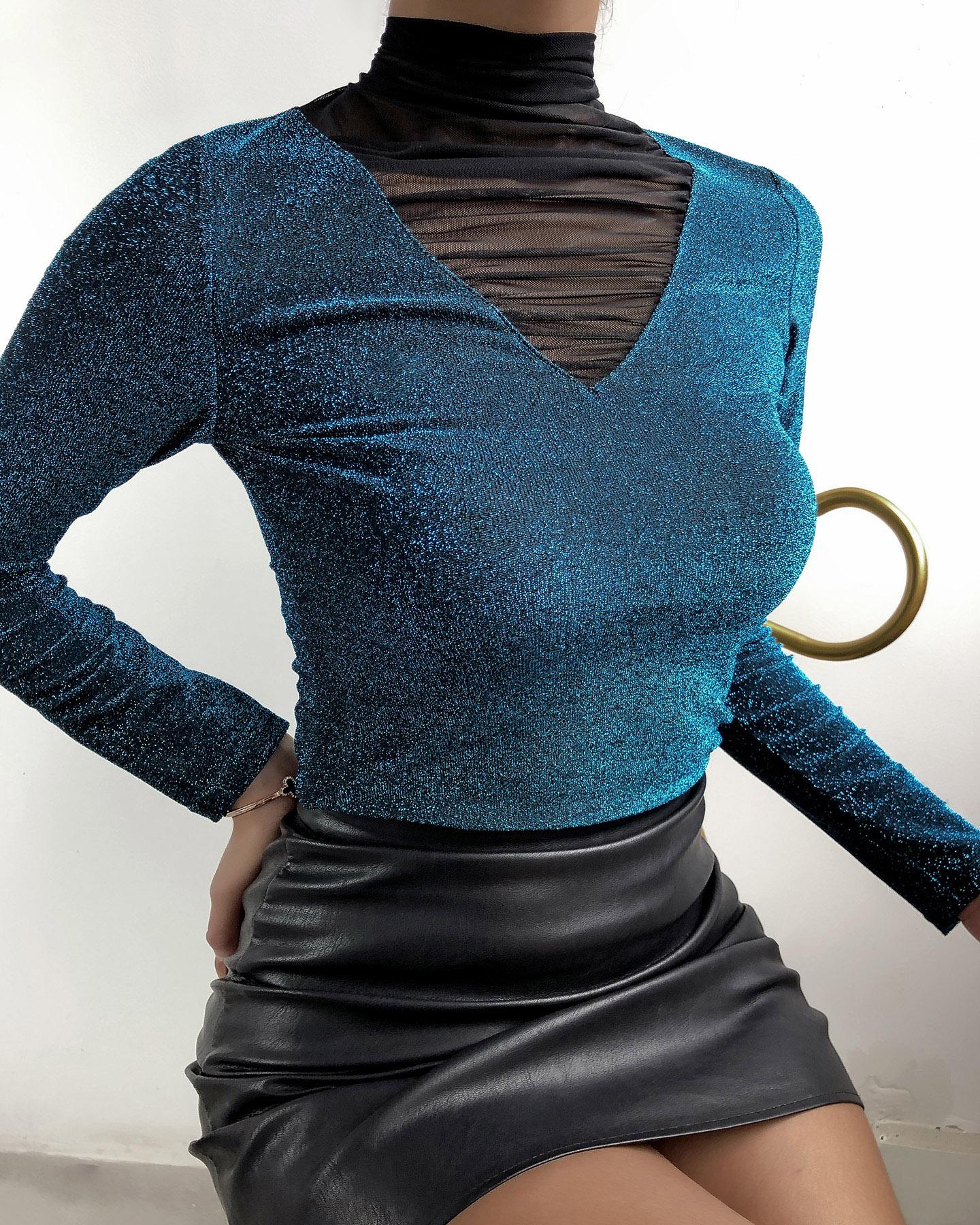 

Sheer Mesh Colorblock Glitter Top, Blue