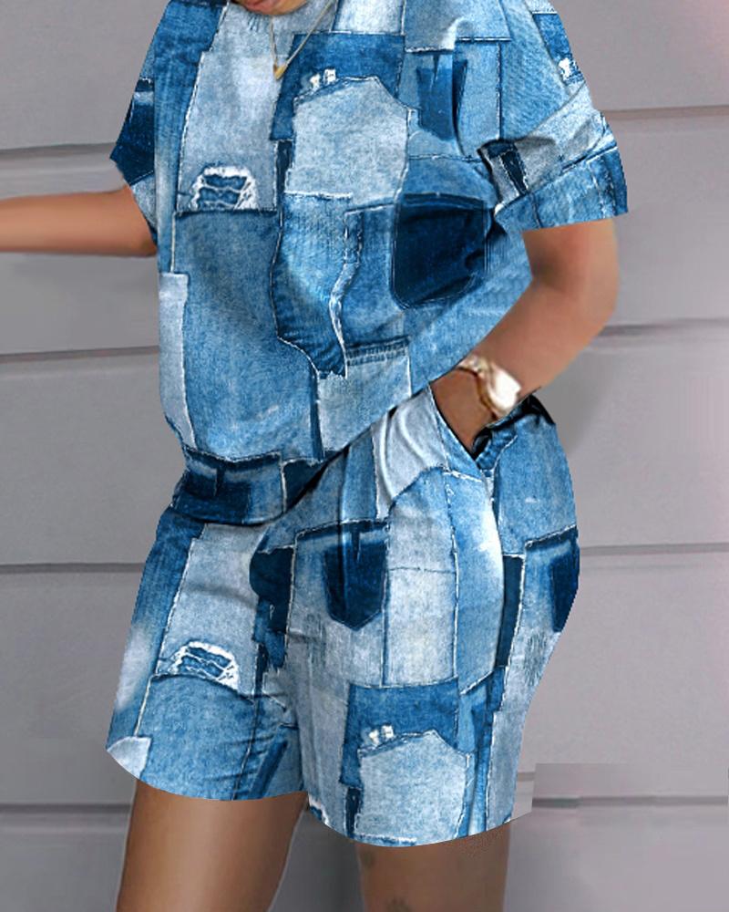 Denim Look Print Casual Top & Shorts Set