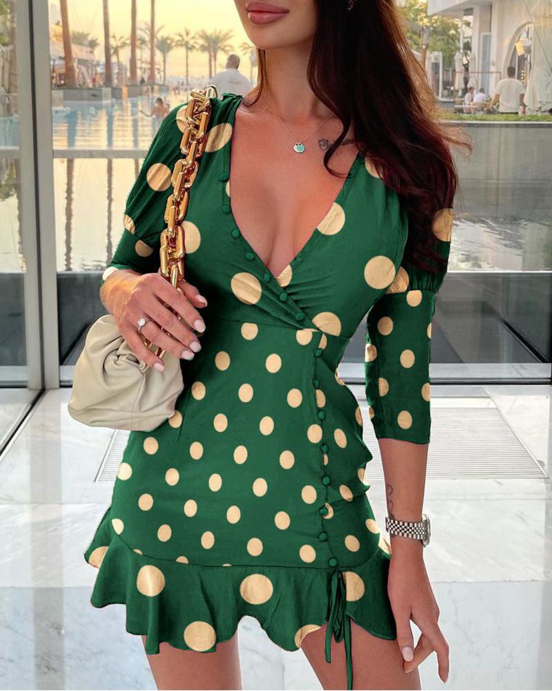 

Polka Dot Three Quarter Length Sleeve Ruffle Hem Mini Dress, Green