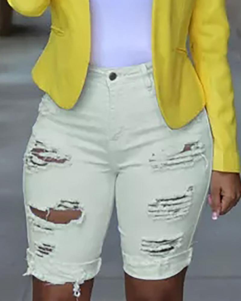 

Ripped Cutout Casual Denim Shorts, White