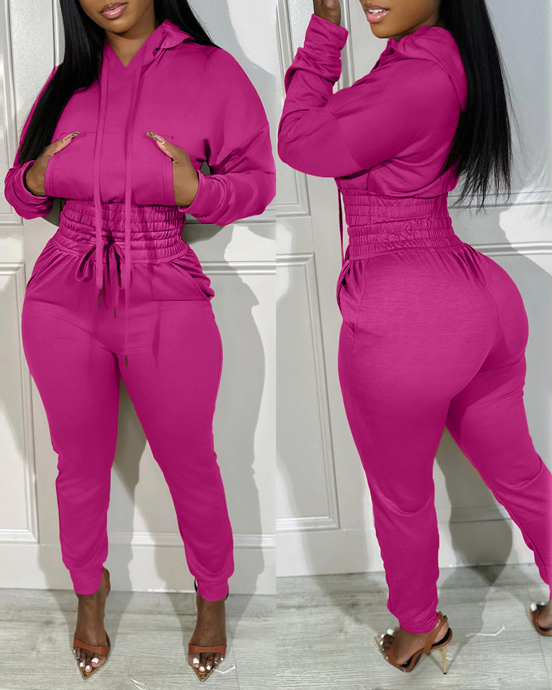 

2 Piece Outfits Lounge Hoodie Shirred Waist Pocket Design Sweatshirt Cuffed Jogger Sweatpants Tracksuit, Hot pink