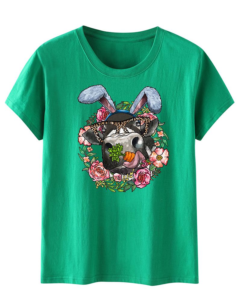 

Easter Cowboy Style Bunny Floral Print Casual T-shirt, Green