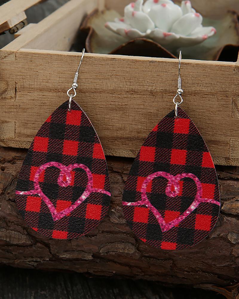 

Valentine's Day Waterdrop Shaped Plaid Heart Print Earrings, Red