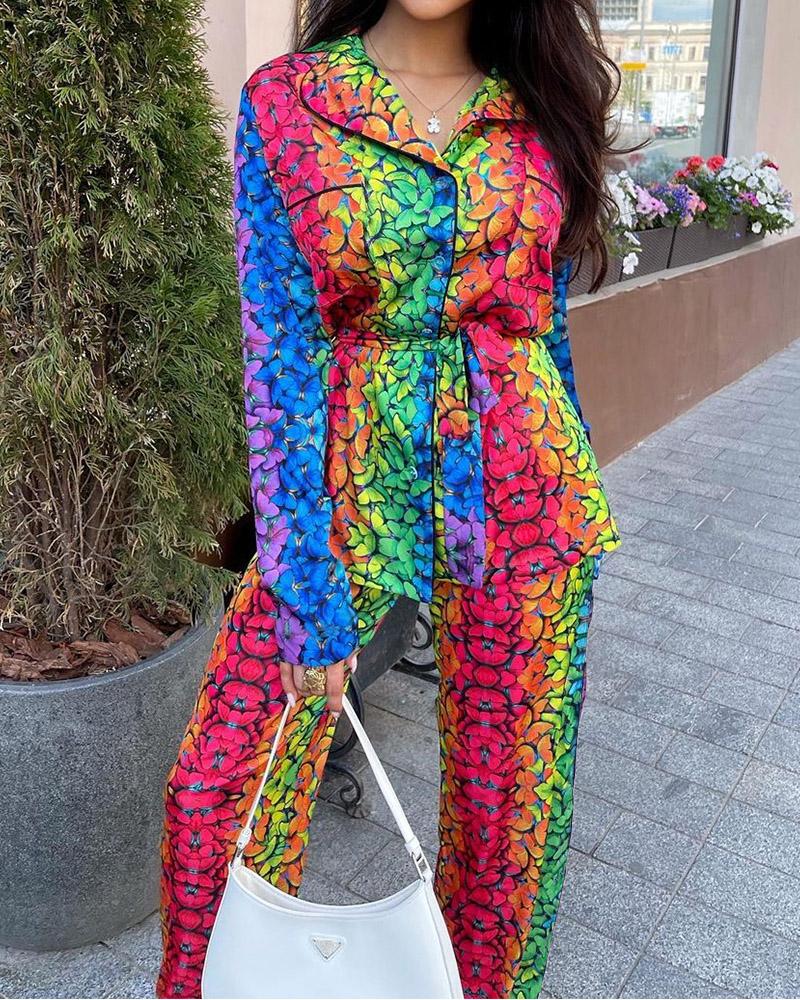 

Butterfly Print Button Long Sleeve Pajamas Set, Multicolor