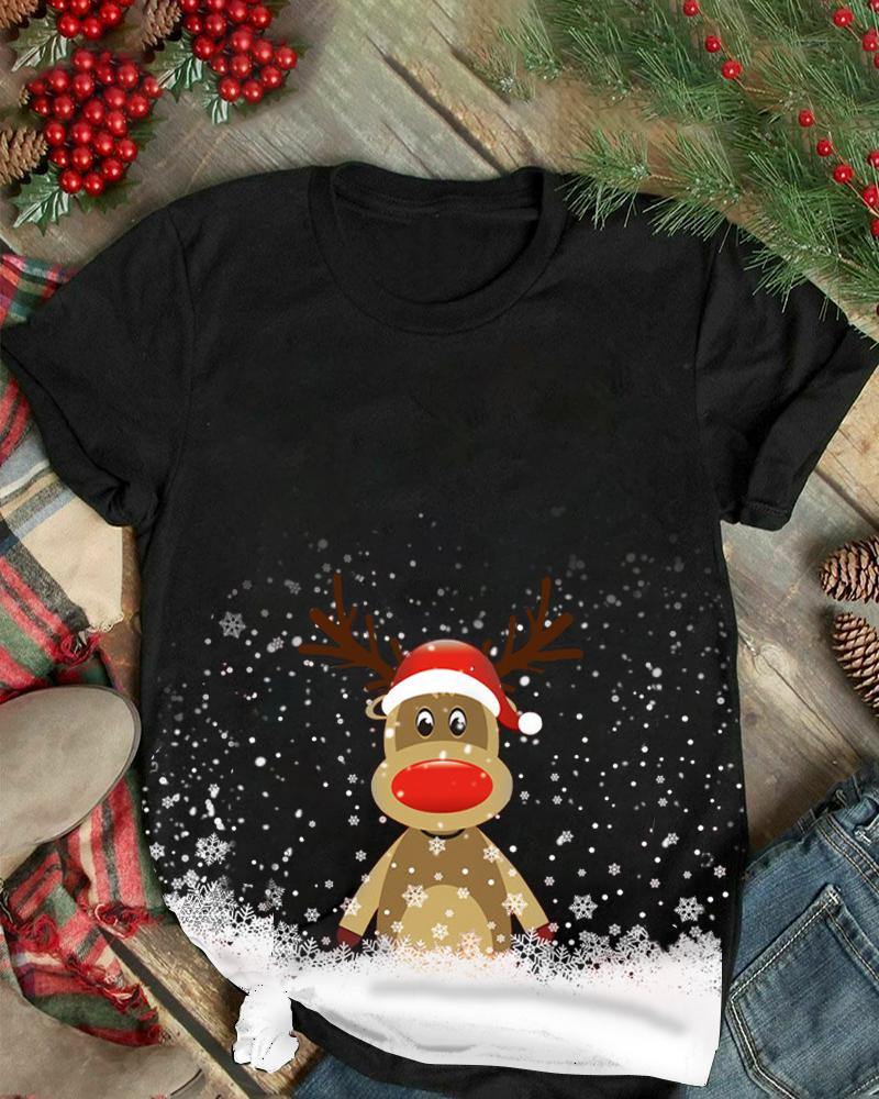 Camiseta de manga corta con estampado de alces de dibujos animados de copo de nieve navideño