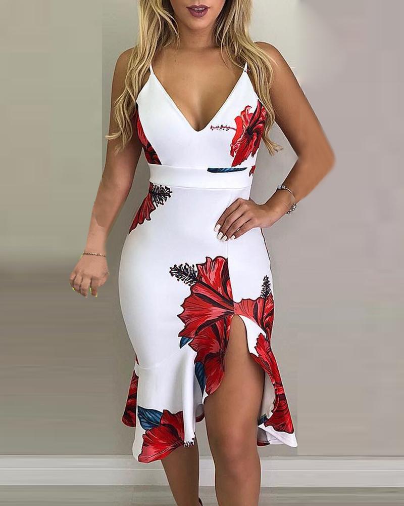 

Spaghetti Strap Floral Print Slit Ruffles Dress, Red